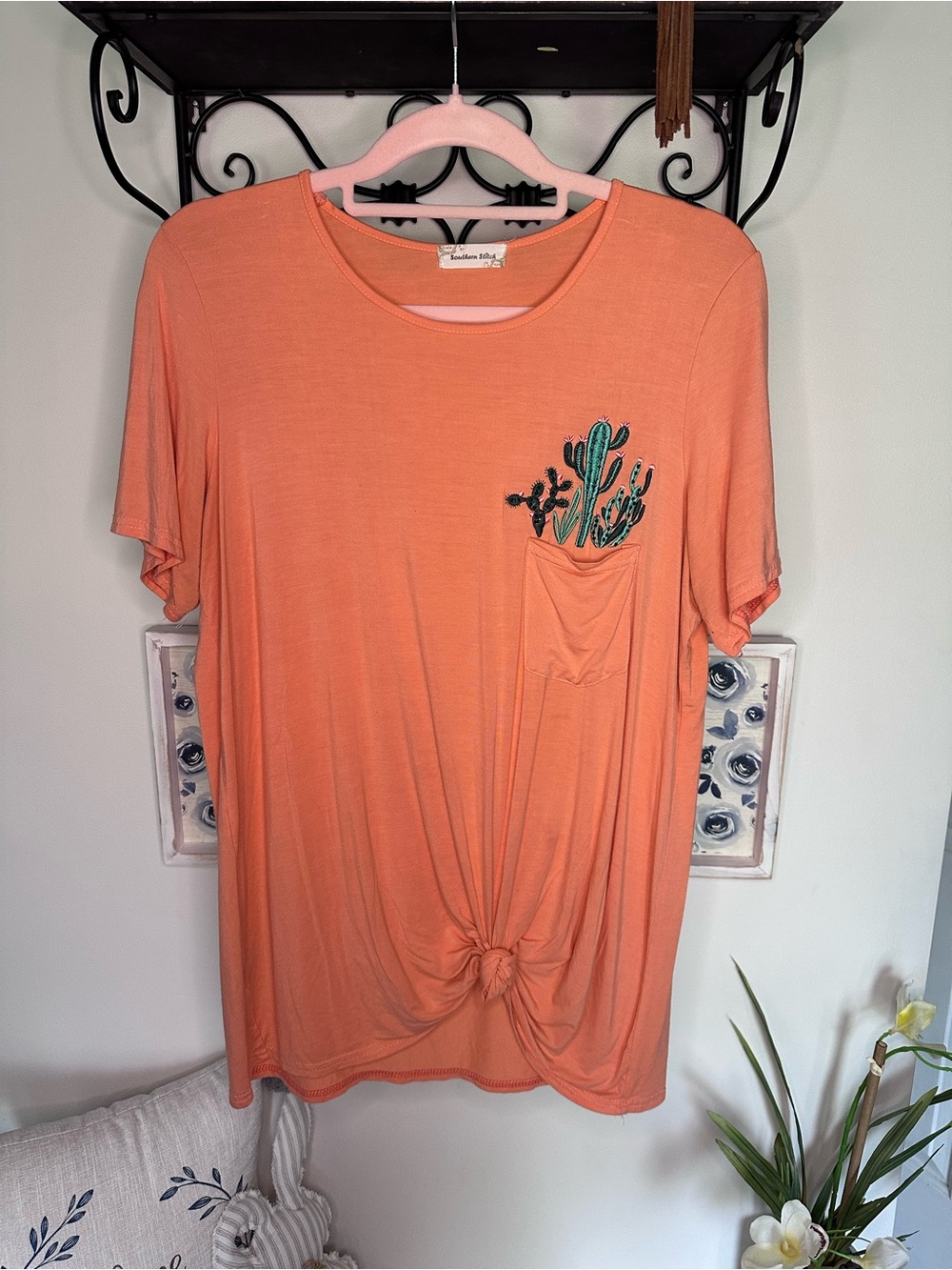 Coral Short-Sleeve Tee with Embroidered Cactus Pocket and Front Knot